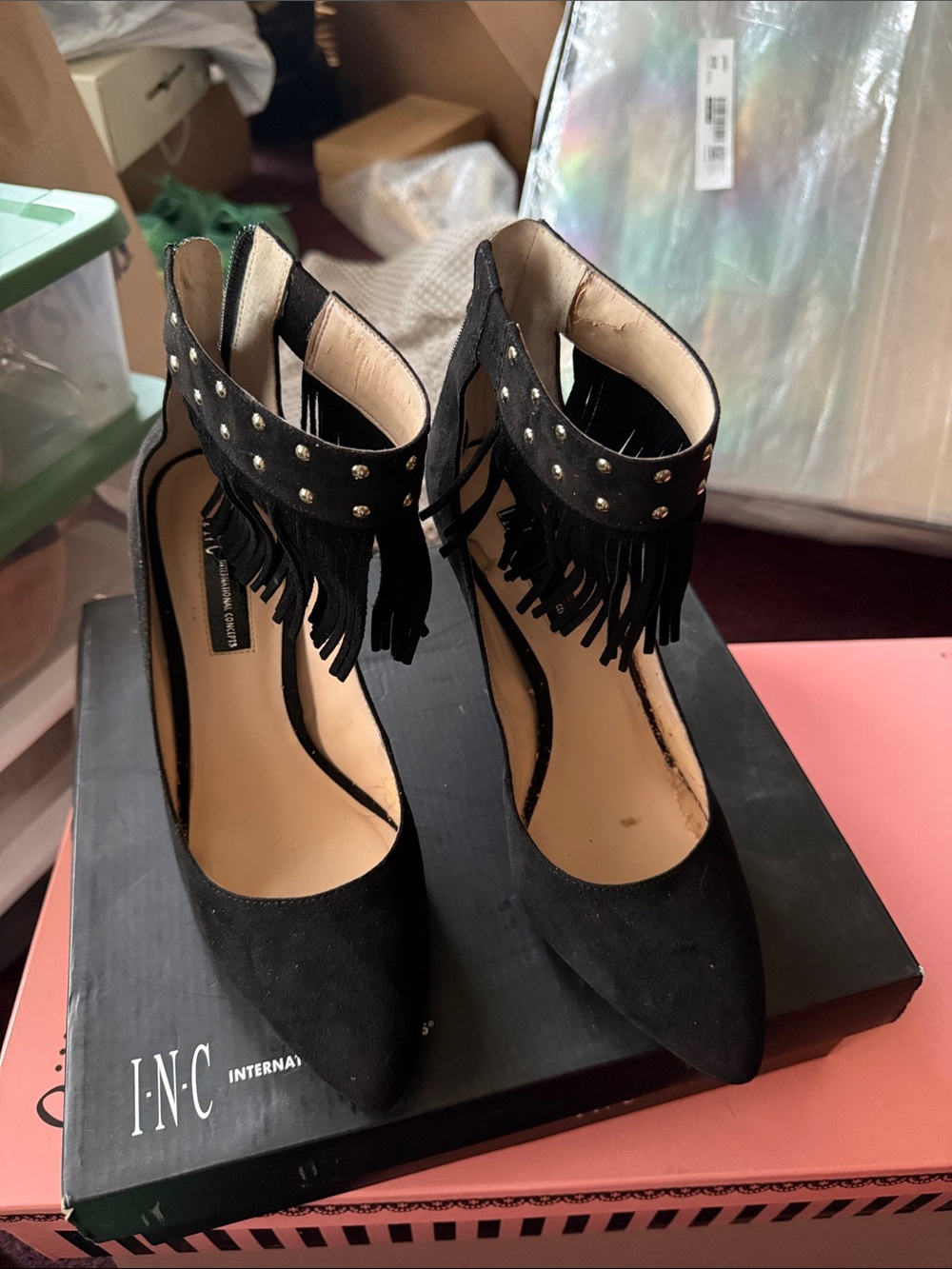 INC International Concepts Black Suede Fringe Ankle-Strap Pumps